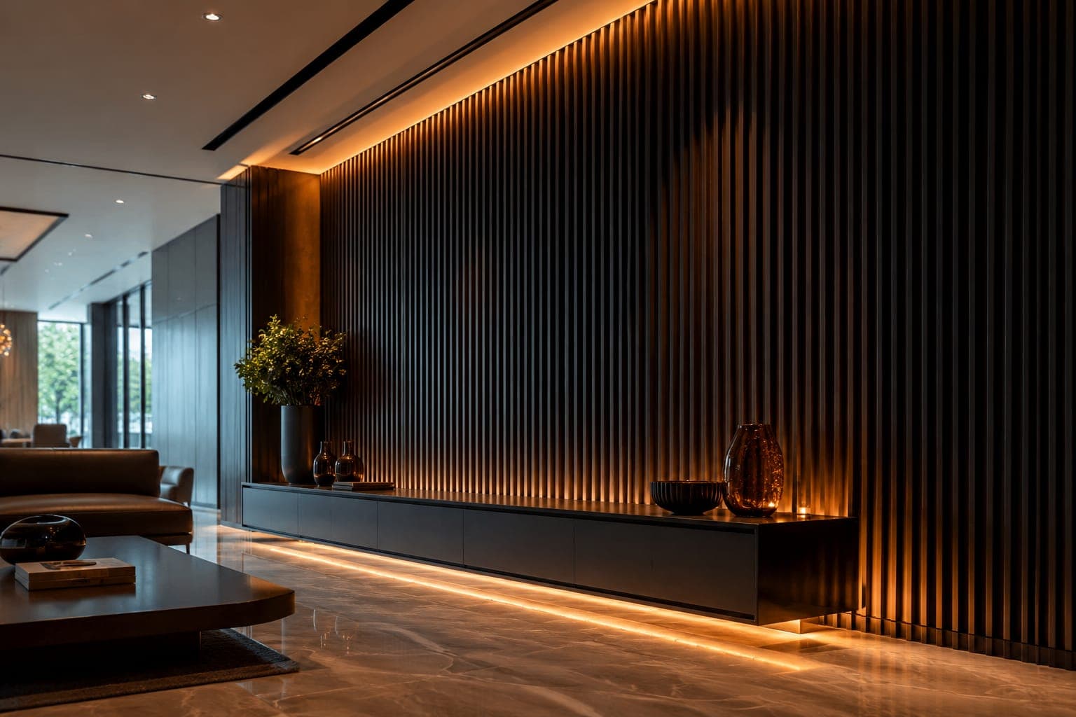 Amber-lit fluted wall panels with polished marble flooring